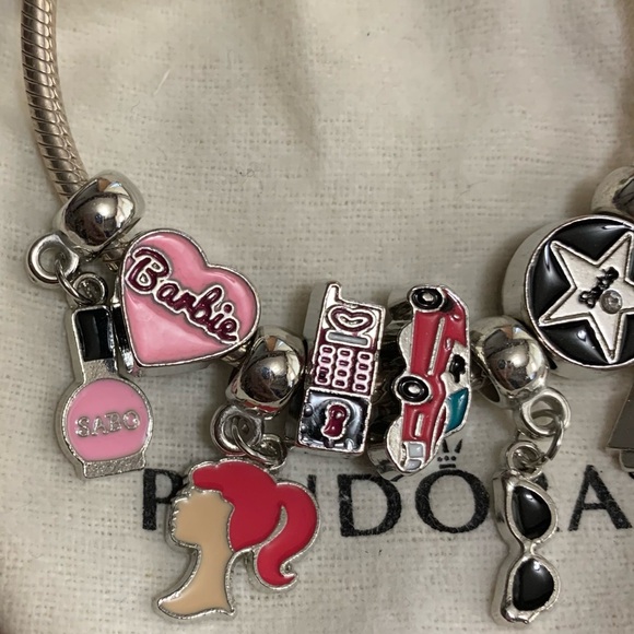 Pandora Snake Chain Lobster Clasp Bracelet w/ 8 New Barbie Theme Charms - Picture 3 of 10